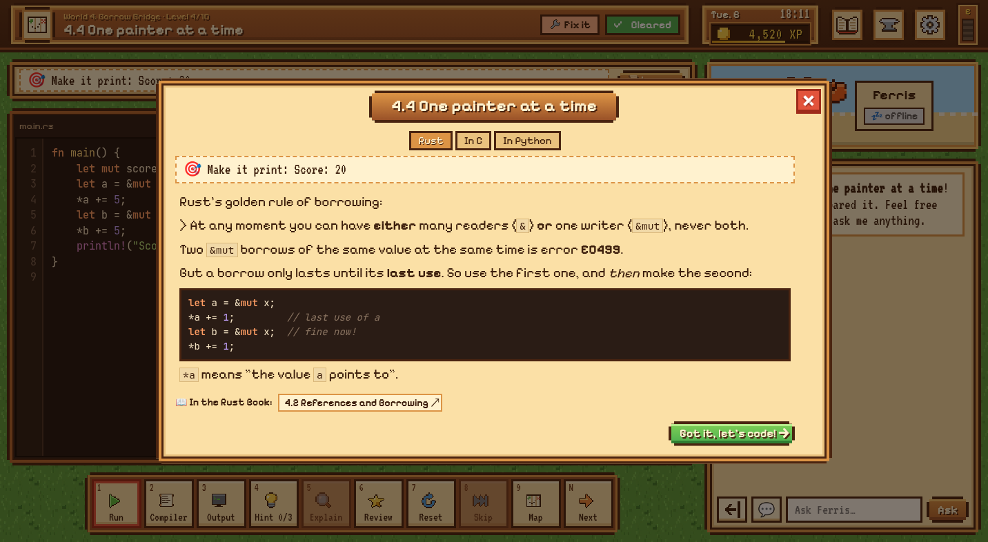 A lesson popup with Rust, In C and In Python tabs