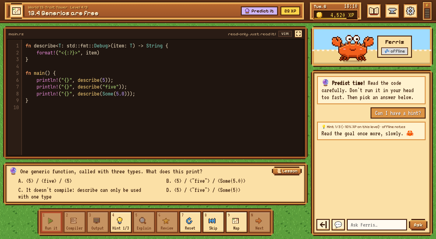 A level: code on the left, Ferris and his hints on the right