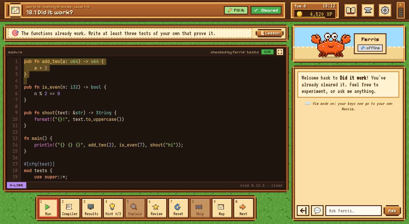 The editor in Vim mode, with lines selected in visual-line mode